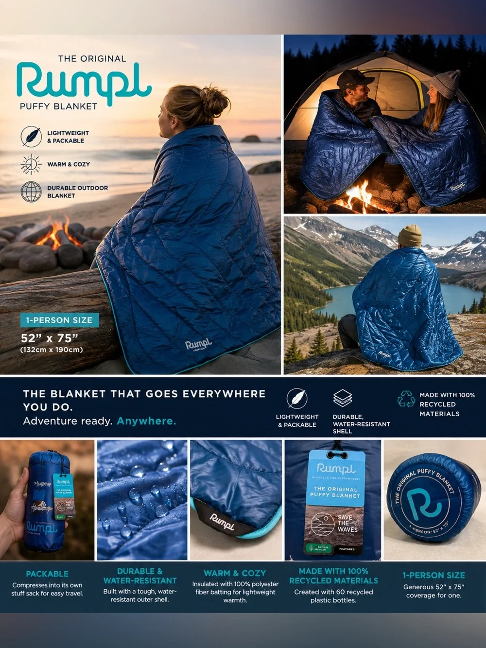 NEW Rumpl Original Puffy Blanket – Ocean Fade – 1 Person 52” x 75”